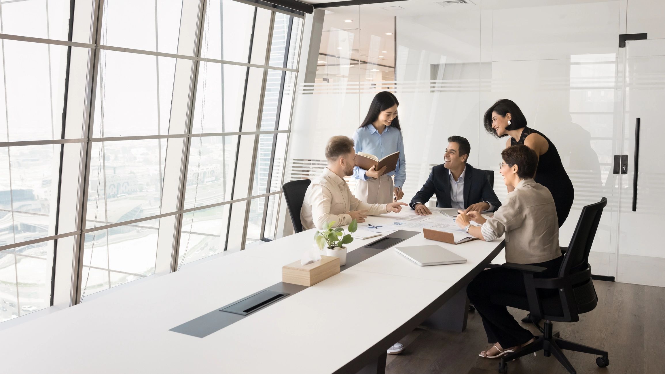 Professional team discussing client registration support